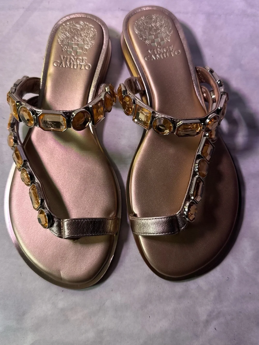Vince Camuto Brown Sandals with Gold Gem Accents
